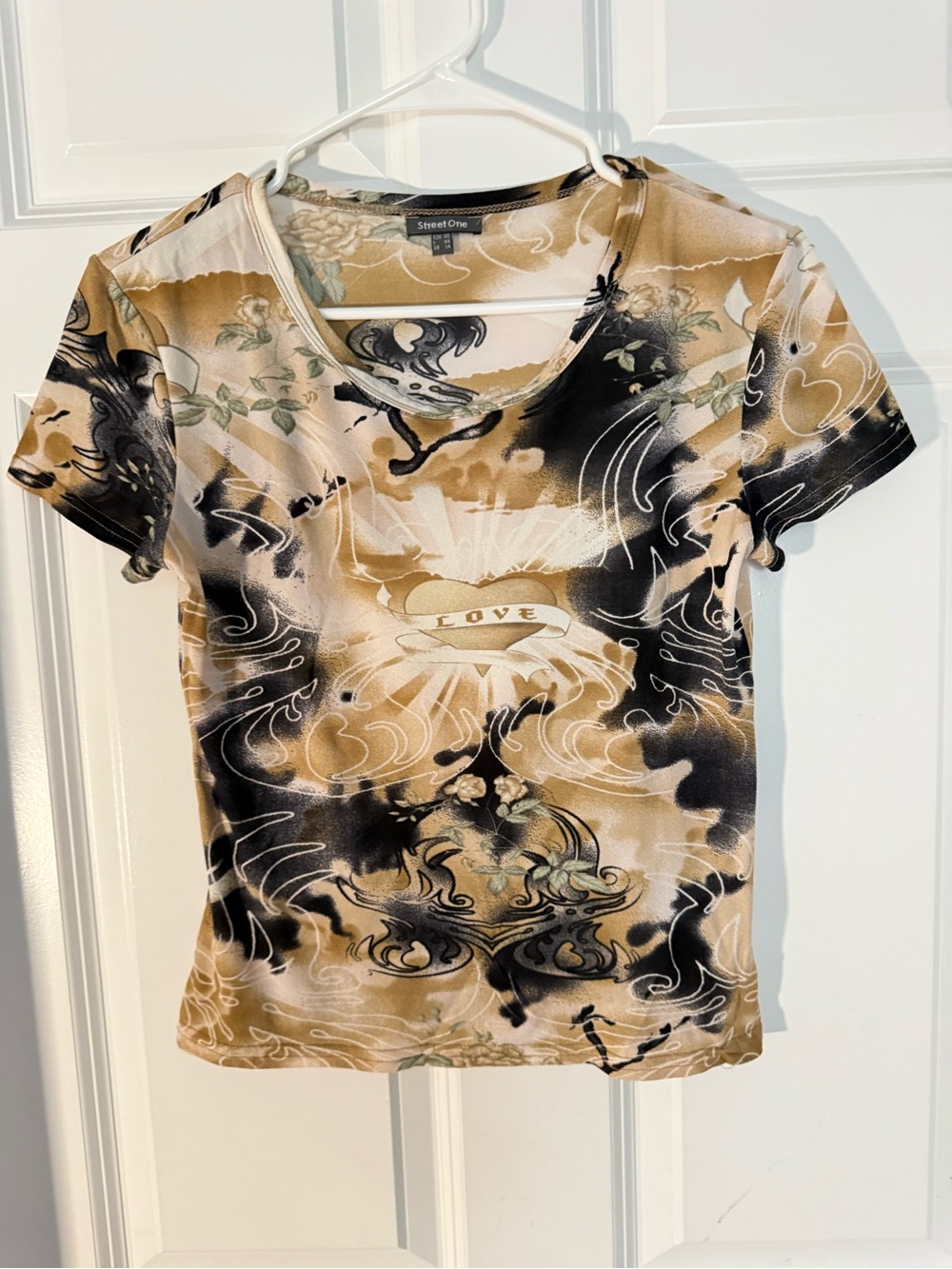 Street One Women’s Tattoo Style Graphic T-Shirt Beige Black Love Heart Small